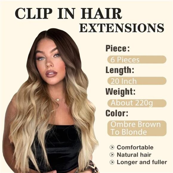 NAYOO Clip in Hair Extensions for Women 20 Inch Long Wavy Curly Ombre Brown to - Picture 2 of 6